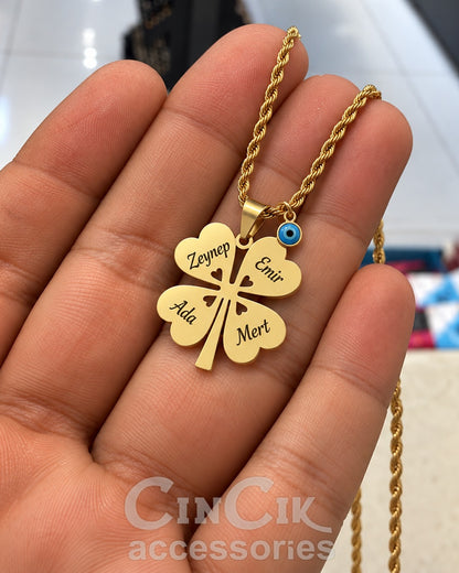 Kişiye Özel 4 İsimli Yonca Kolye Gold Renk Burgu Zincirli