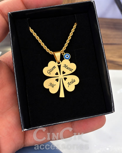 Kişiye Özel 4 İsimli Yonca Kolye Gold Renk Burgu Zincirli