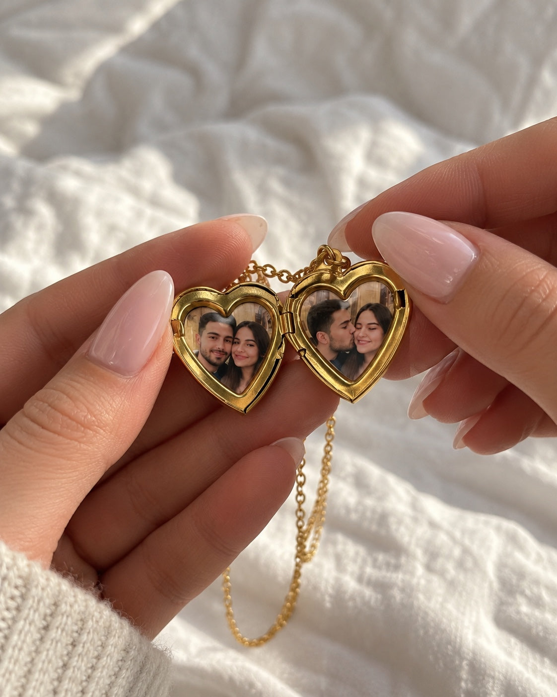 Kişiye Özel Fotoğraflı Kalp Madalyon Kolye | Açılır Kapaklı Gold Çelik | Sevgiliye Hediye
