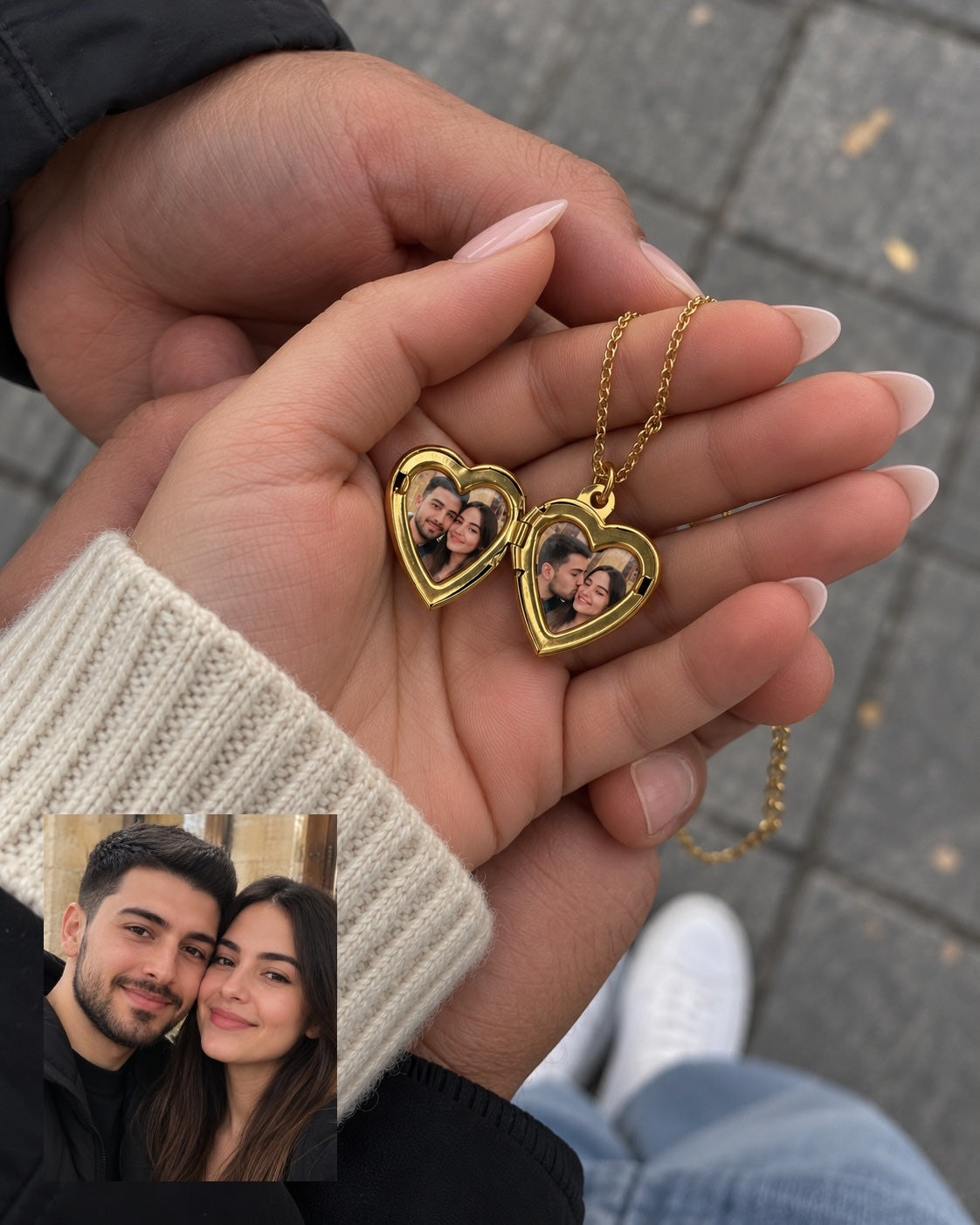 Kişiye Özel Fotoğraflı Kalp Madalyon Kolye | Açılır Kapaklı Gold Çelik | Sevgiliye Hediye