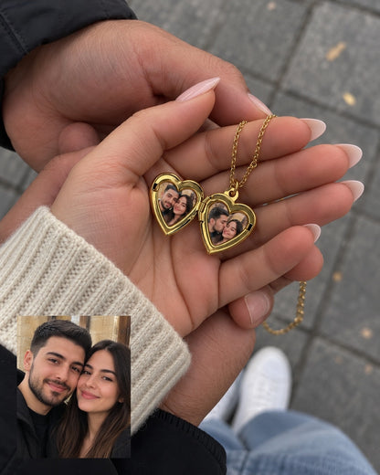 Kişiye Özel Fotoğraflı Kalp Madalyon Kolye | Açılır Kapaklı Gold Çelik | Sevgiliye Hediye