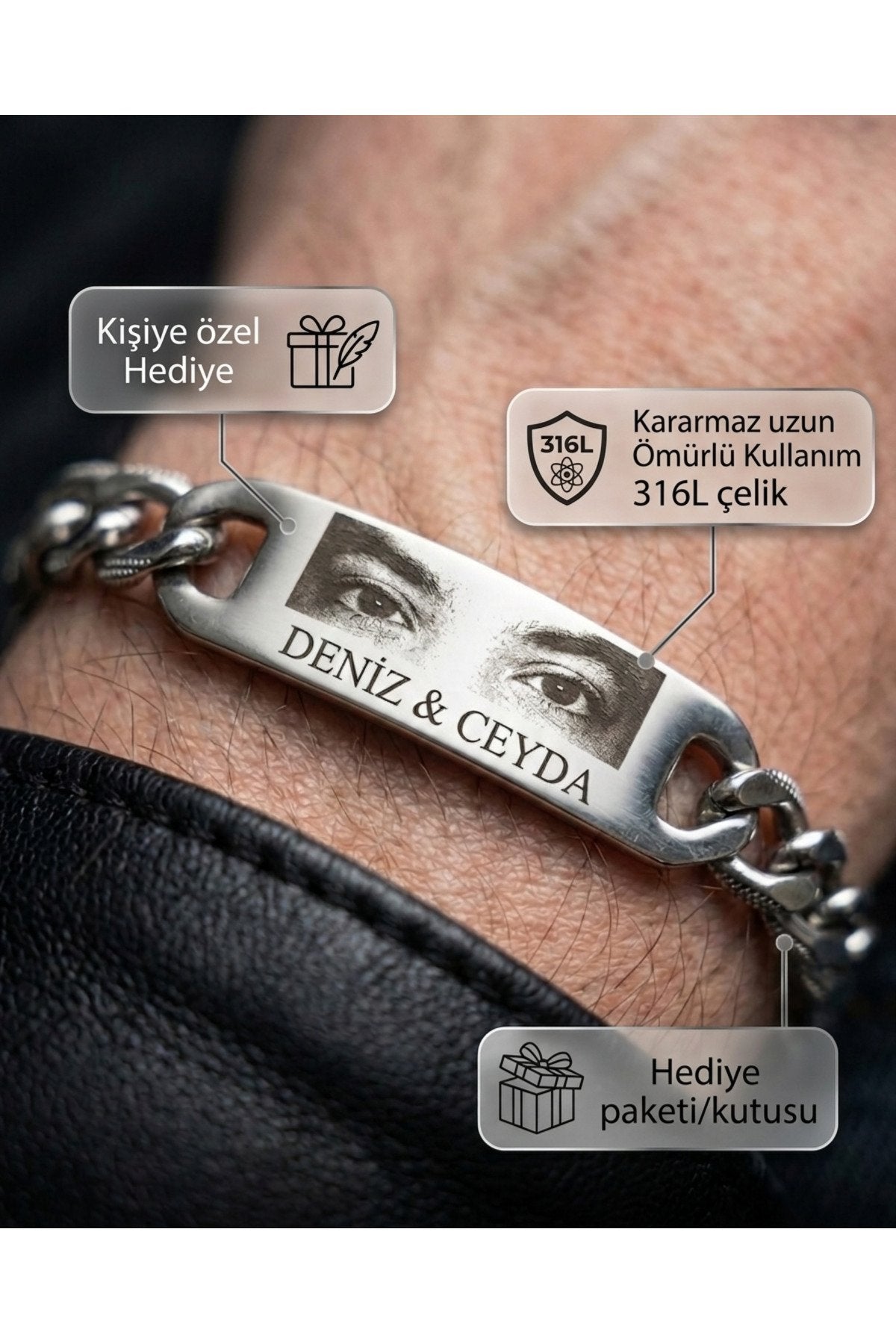 Kişiye Özel Fotoğraflı Çelik Bileklik İsim Yazılı Resimli Bileklik Sevgiliye Hediye