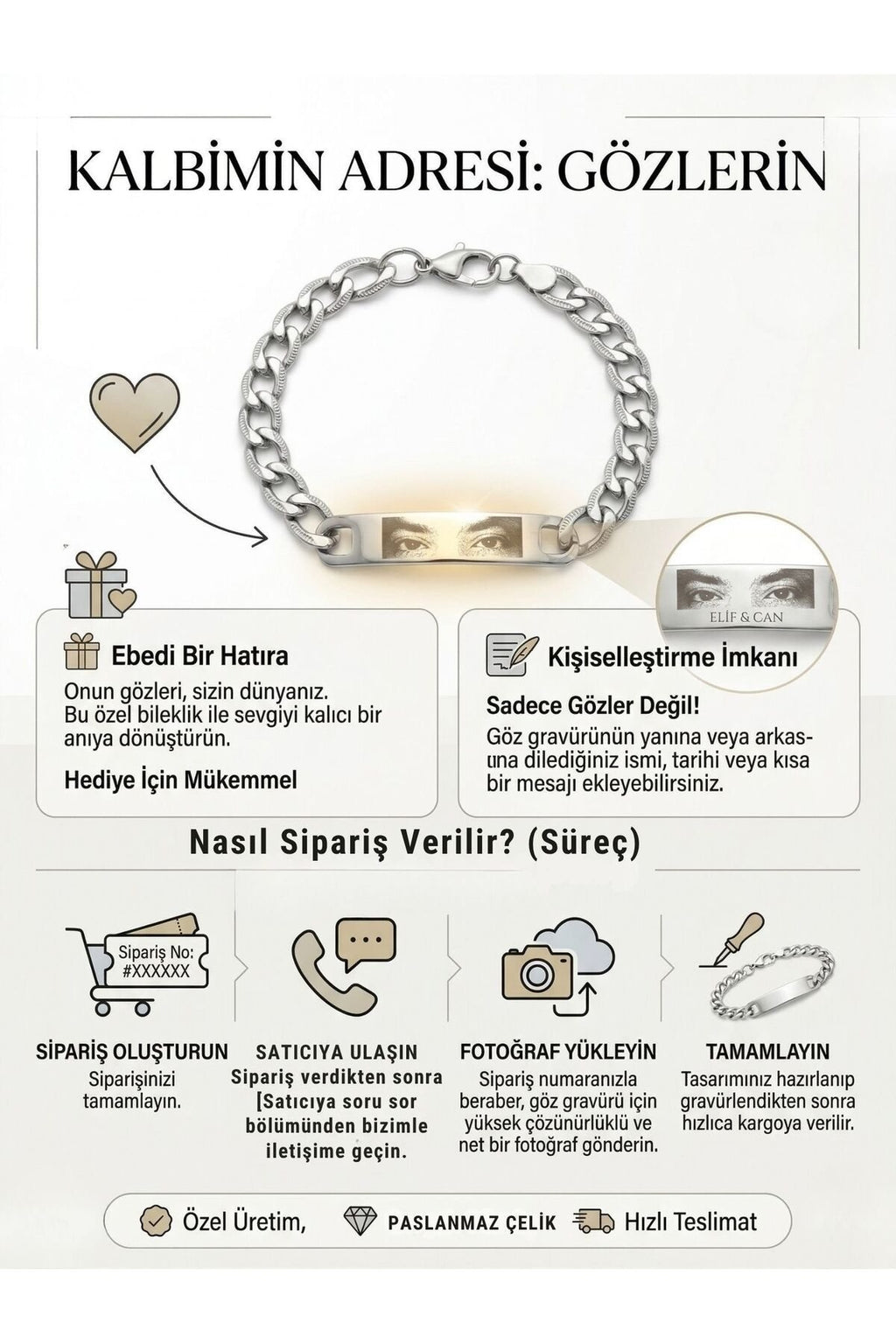 Kişiye Özel Fotoğraflı Çelik Bileklik İsim Yazılı Resimli Bileklik Sevgiliye Hediye