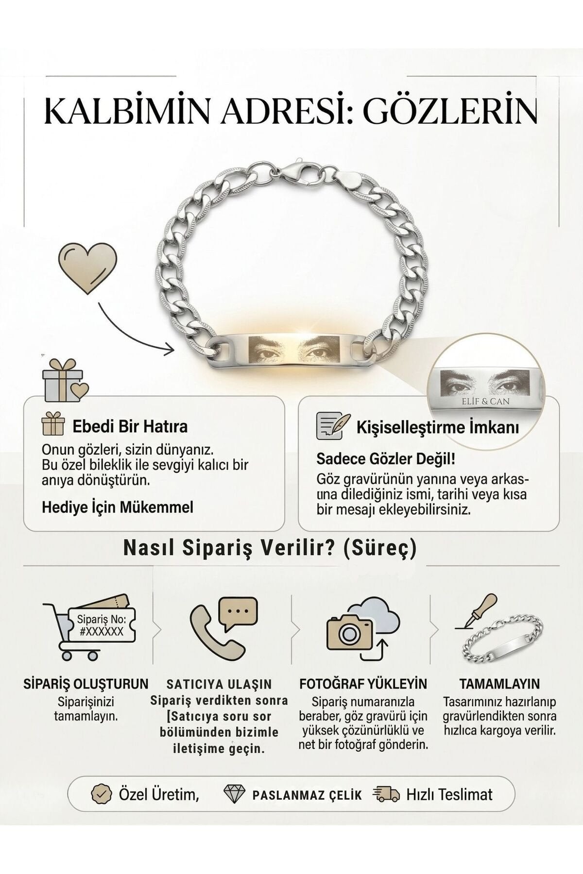 Kişiye Özel Fotoğraflı Çelik Bileklik İsim Yazılı Resimli Bileklik Sevgiliye Hediye