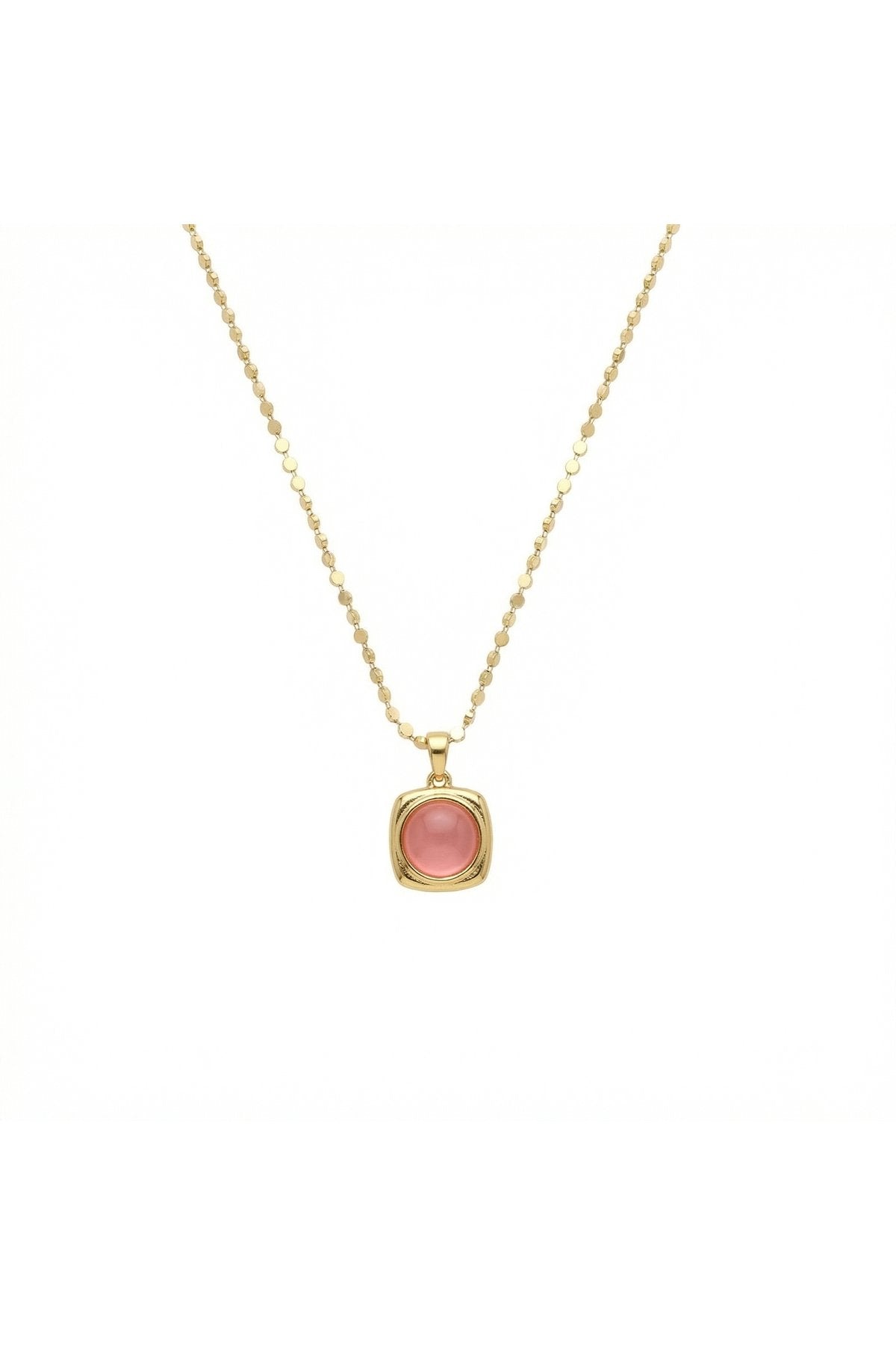 316L Çelik Kararmaz Kadın Kolye | Gold Renk Pembe Taşlı Kadın Kolye 55CM